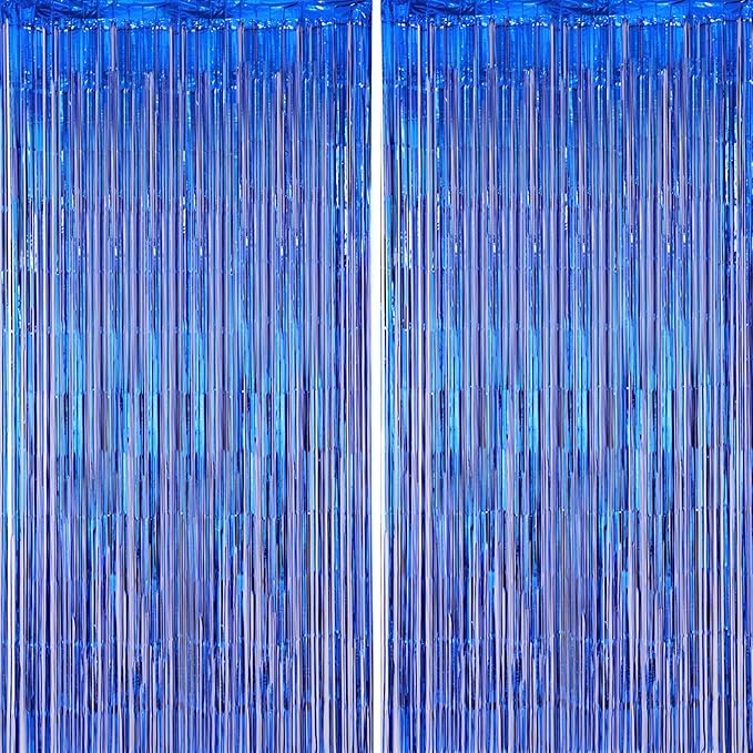 2 Pack Blue Foil Fringe Backdrop Curtains, Tinsel Streamers Party Decorations by Voircoloria