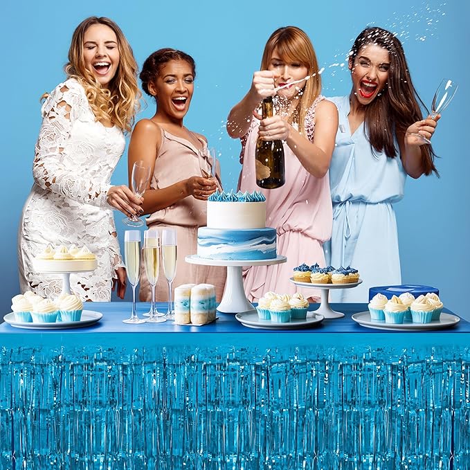 3 Pack Blue Series Table Skirts, 29x108" Metallic Foil Tinsel Fringe Table Skirt - Image 6