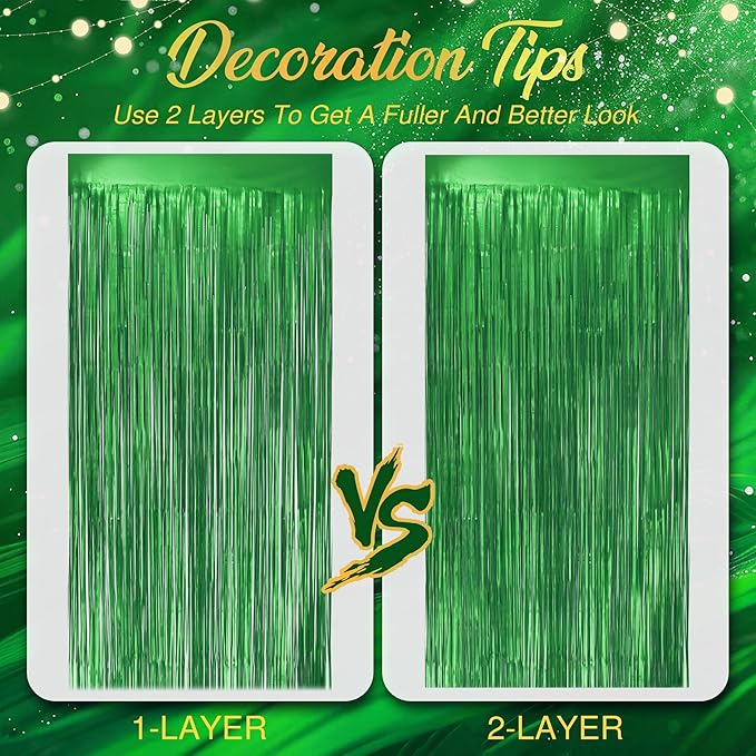 2 Pack Metallic Green Fringe Backdrop, 3.2x8.2ft Shining Foil Tinsel Curtains - Image 7