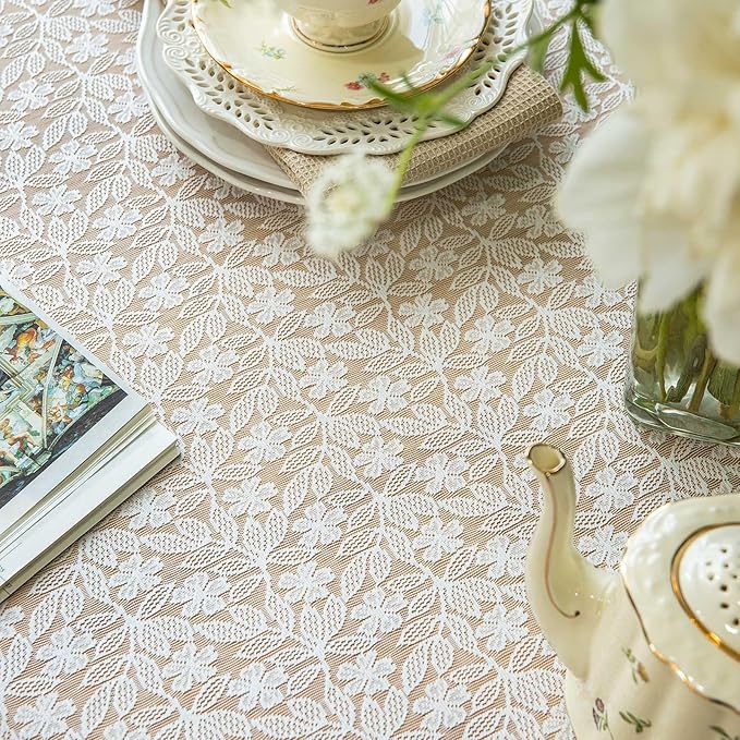 Lace Tablecloth Leaf Pattern Warp Knitting Fabric Solid White Rectangle/Oblong - Image 8