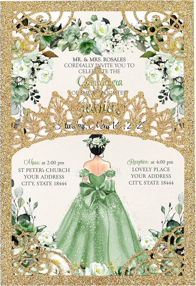 50Pcs Sage Green Crown Quinceanera Invitation by DreamBuilt