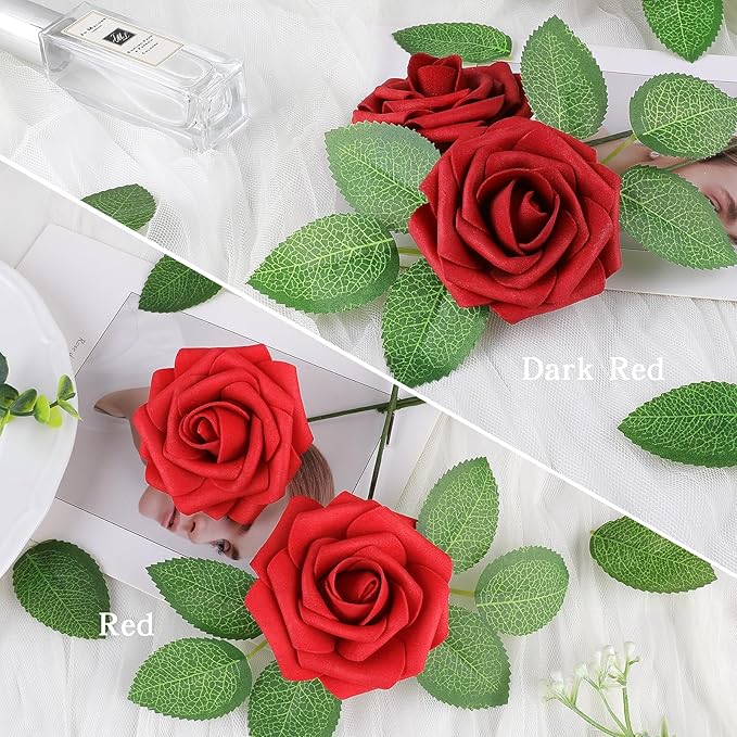 AmyHomie Artificial Flowers Red Rose 50pcs Real Looking Fake Roses w/Stem - Image 2