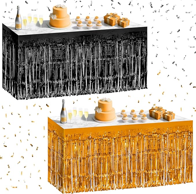 2 Pack Black Orange Table Skirts, 29x108" Metallic Foil Tinsel Fringe Table by Unknown