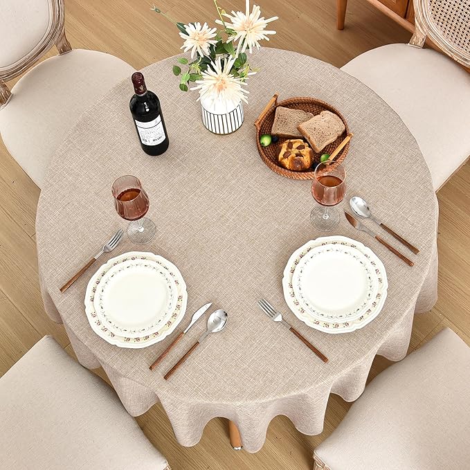 Fitable Faux Linen Textured Beige Round Tablecloths 60 Inches - Image 8