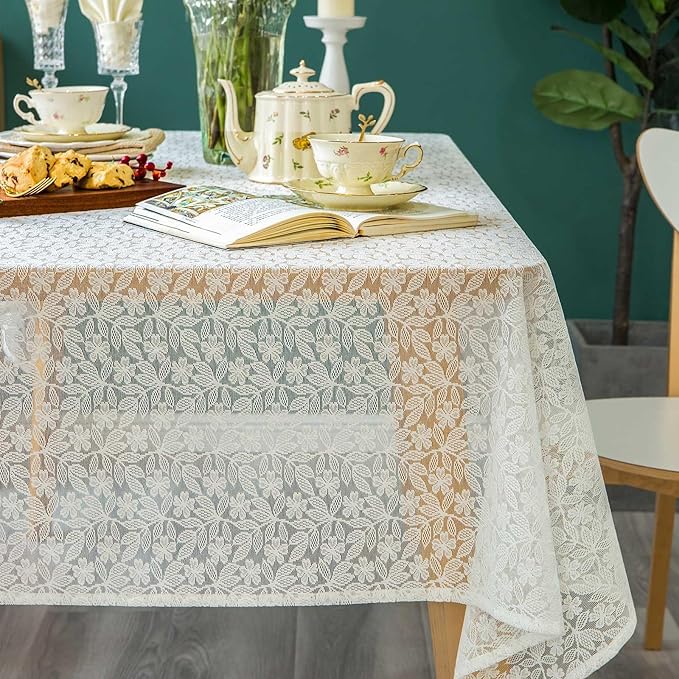 Lace Tablecloth Leaf Pattern Warp Knitting Fabric Solid White Rectangle/Oblong by GLORYSEASON