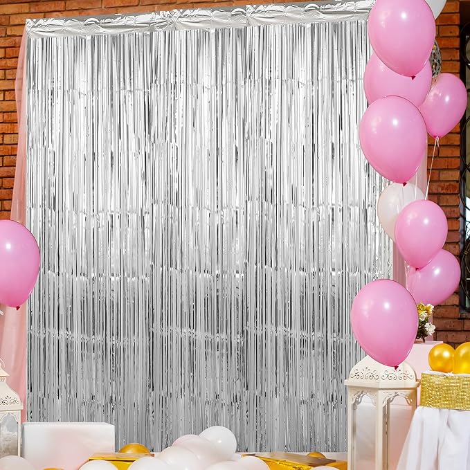 Crosize 2 Pack 3.3 x 9.9 ft Silver Foil Fringe Backdrop Curtain, Streamer - Image 4