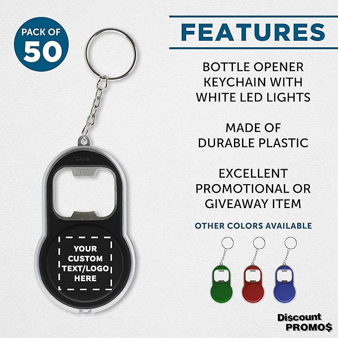 DISCOUNT PROMOS Custom Bottle Opener & LED Keychains Set of 50, Personalized - Image 2