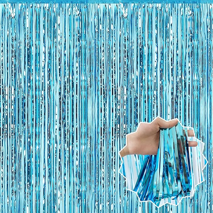 3 Pack Light Blue Foil Fringe Curtains Backdrop, 3.28 x 9.8 Ft Metallic by LANTIANCHEN