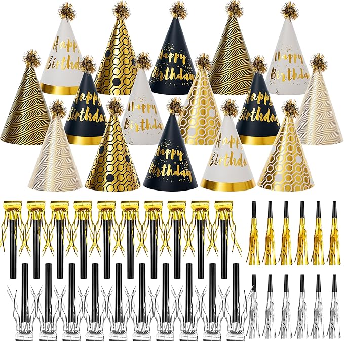 48 Pcs Gold Birthday Party Hats Gold Cone Hats Includes 16 Birthday Paper Hats by JOYEONDEF
