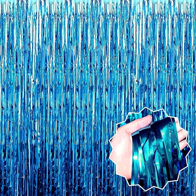6 Pack Lake Blue Foil Fringe Curtains Backdrop, 3.28 x 8.2 Ft Metallic by LANTIANCHEN