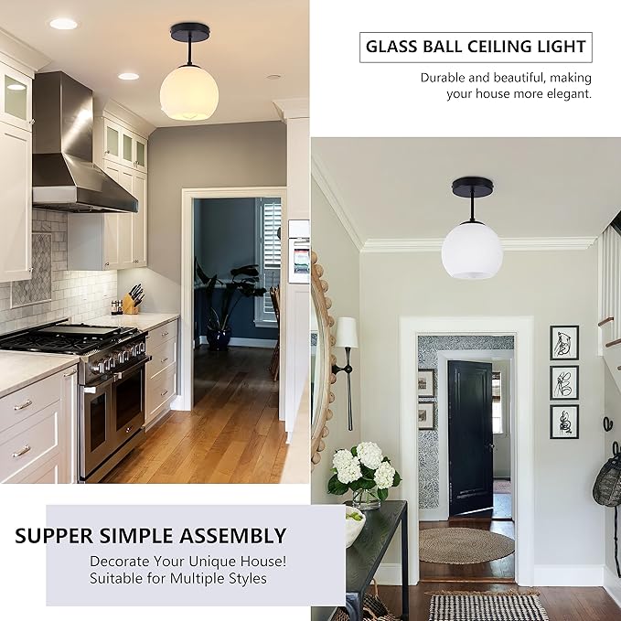 Black Semi Flush Mount Ceiling Light Fixture Milk Glass Light Fixture Mid - Image 8