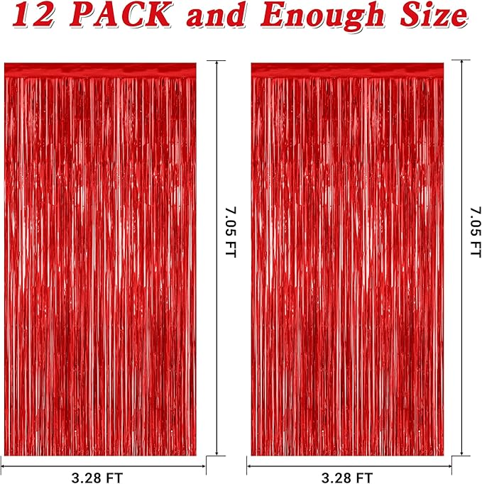12 Pack Red Curtains, 3.28 FT x 7.05 FT Party Streamer, Metallic Party Backdrop - Image 2