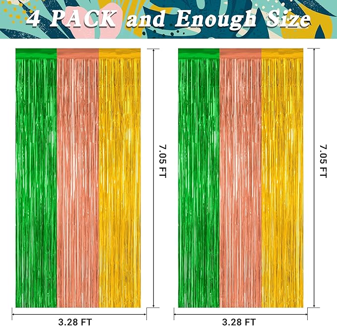 4 Pack Hawaiian Party Decorations, 3.28 FT x 7.05 FT Hawaii Tinsel Backdrop - Image 2