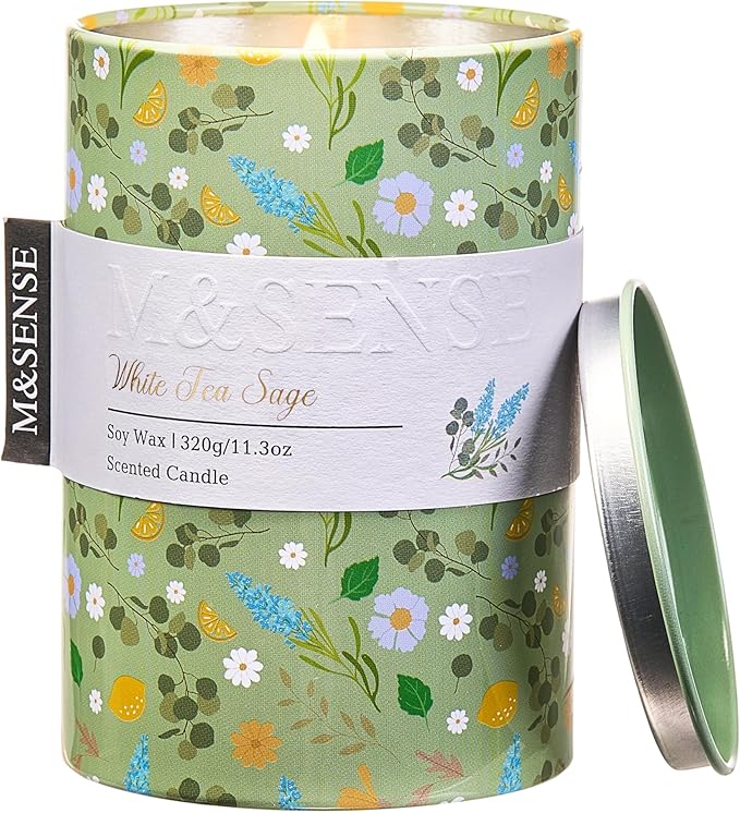 M&SENSE White Tea Sage Scented Candle, Medium Jar Candle 11.3oz Natural Soy Wax by MSENSE