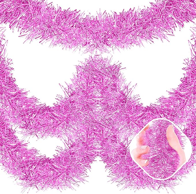 50 Feet Macaron Pink Christmas Tinsel Garland, Metallic Foil Twist Garland Wall by AIKENLIN