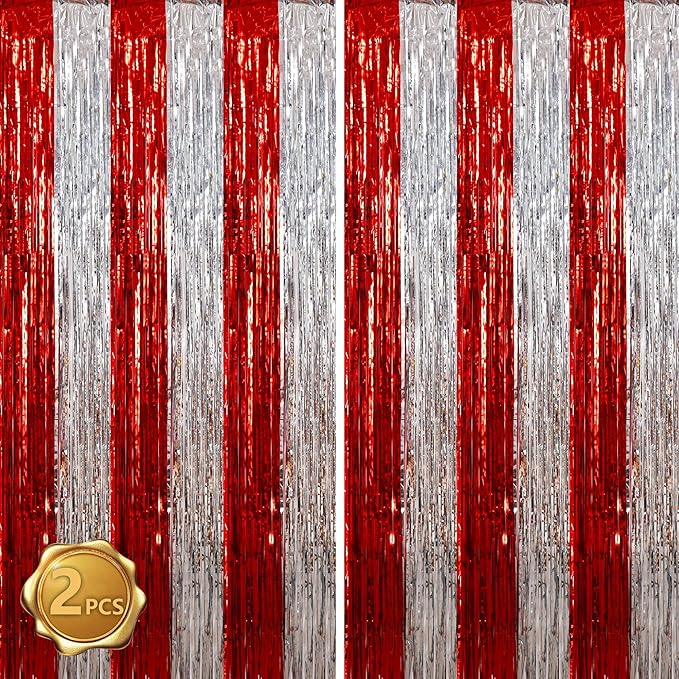 BEISHIDA Red Silver Door Streamers Backdrop Foil Fringe Tinsel Party Streamers by Beishida