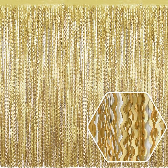 4 Pack Light Gold Wave Foil Fringe Curtain Backdrop, 3.28Ft x 8.2Ft Metallic by Ferwzsr