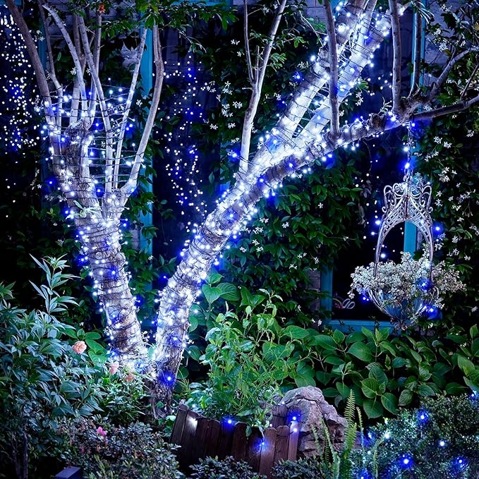 JMEXSUSS 2 Pack Blue & White Solar String Lights, Each 100 LED 33ft, Waterproof - Image 3