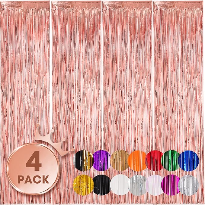 4 Pack Rose Gold Foil Fringe Backdrop Curtains, Tinsel Streamers Birthday Party by Voircoloria