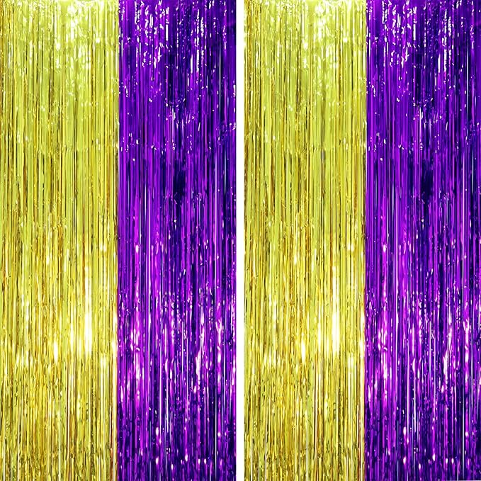 2 Pack Purple and Gold Foil Fringe Backdrop Curtains, Tinsel Streamers Party by Voircoloria