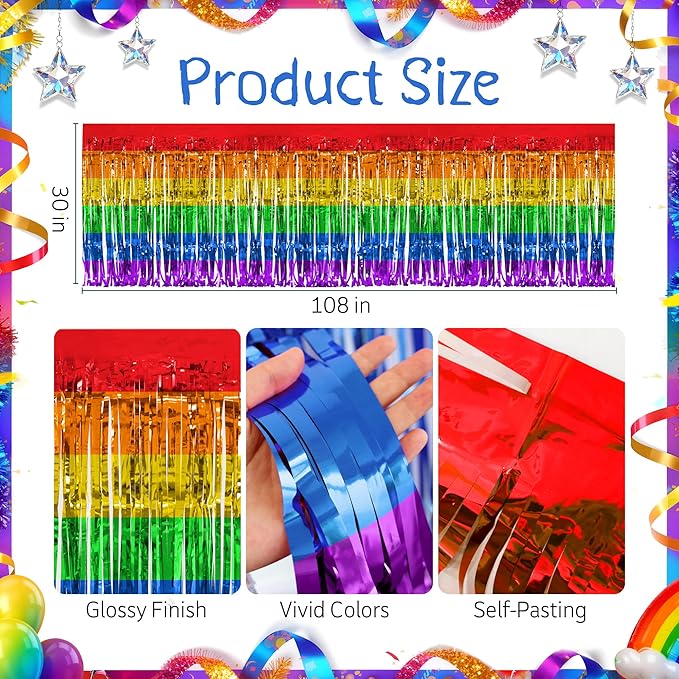 2 Pack Rainbow Table Skirts, 29x108" Metallic Foil Tinsel Fringe Table Skirts - Image 3