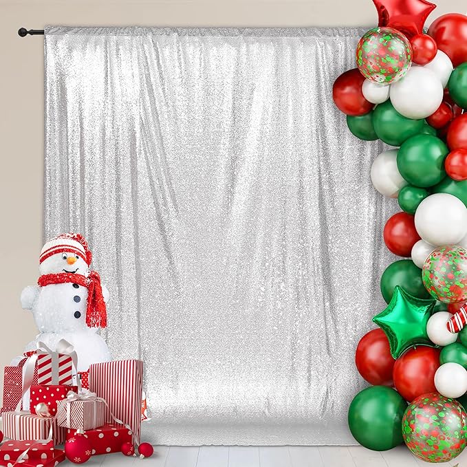 PartyDelight Silver 8FT X 8FT Sparkly Sequin Backdrop Curtains - Image 6