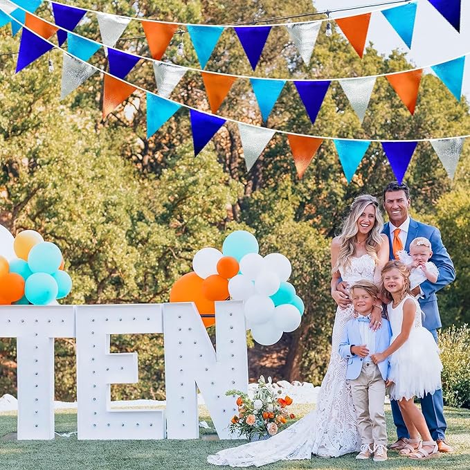 Orange Blue Silver Party Decorations Metallic Fabric Triangle Pennant Banner - Image 7