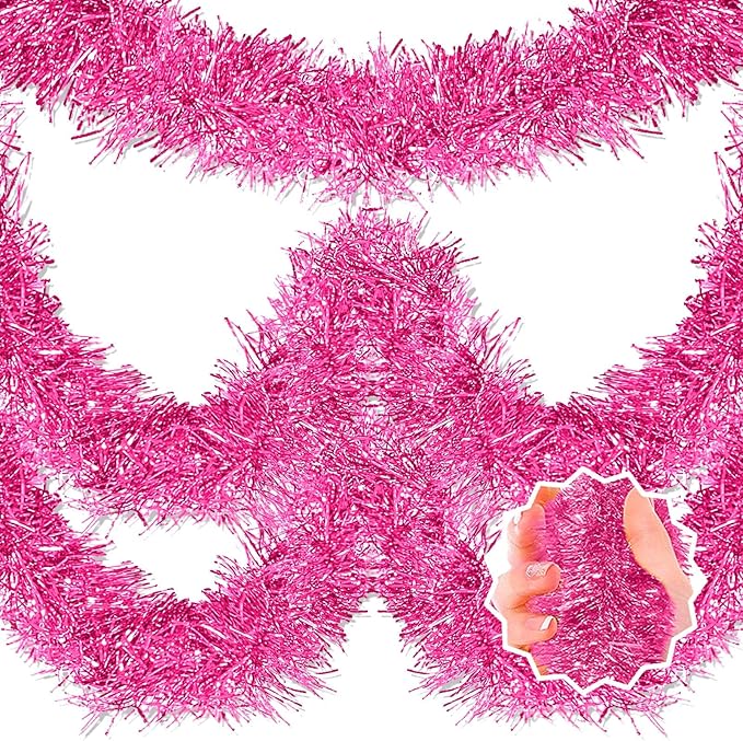 25 Feet Pink Christmas Tinsel Garland, Metallic Foil Twist Banner Wall Hanging by LANTIANCHEN