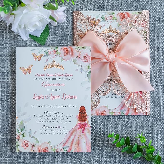 20 PCS 5.12x7.2 Butterfly Personalized Quinceanera Invitation, Customized XV by FEIYI