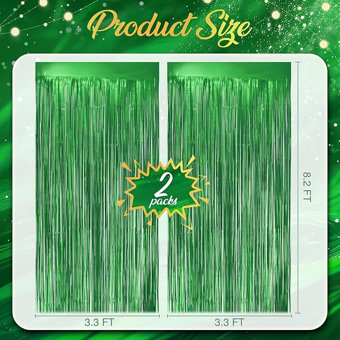 2 Pack Metallic Green Fringe Backdrop, 3.2x8.2ft Shining Foil Tinsel Curtains - Image 4