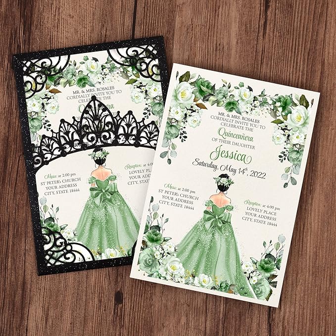 50Pcs Sage Green Crown Invitations - Image 2