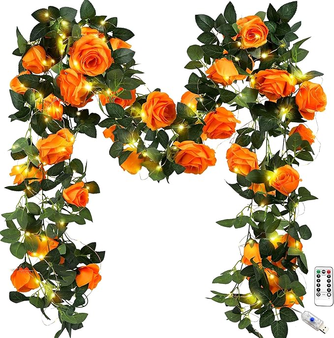 FiveSeasonStuff 29 Ft 4 Pack Mandarin Orange Rose Silk Flower Garland - Image 2