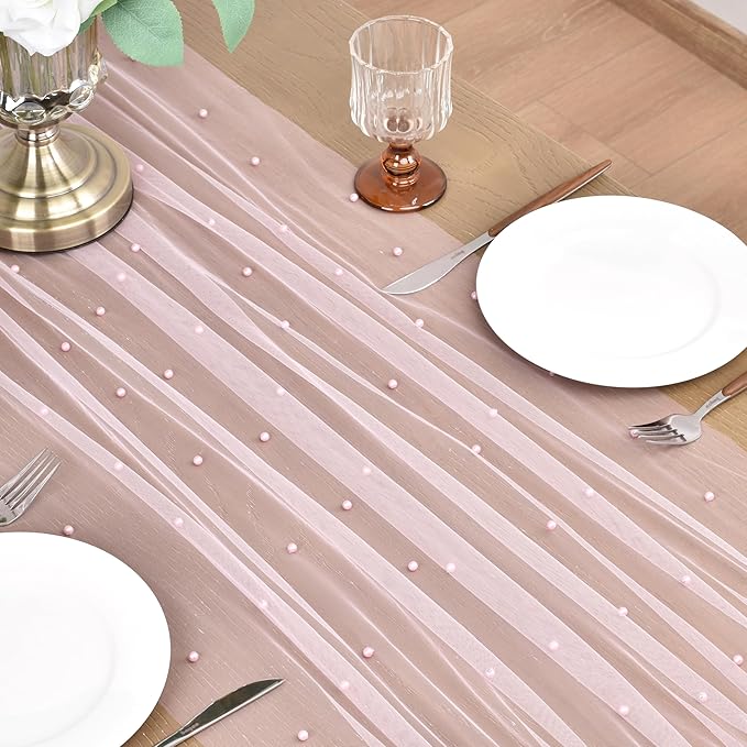 Joanlody Fall Pearl Table Runner 10ft Rustic Boho Tulle Table Runner - Image 4