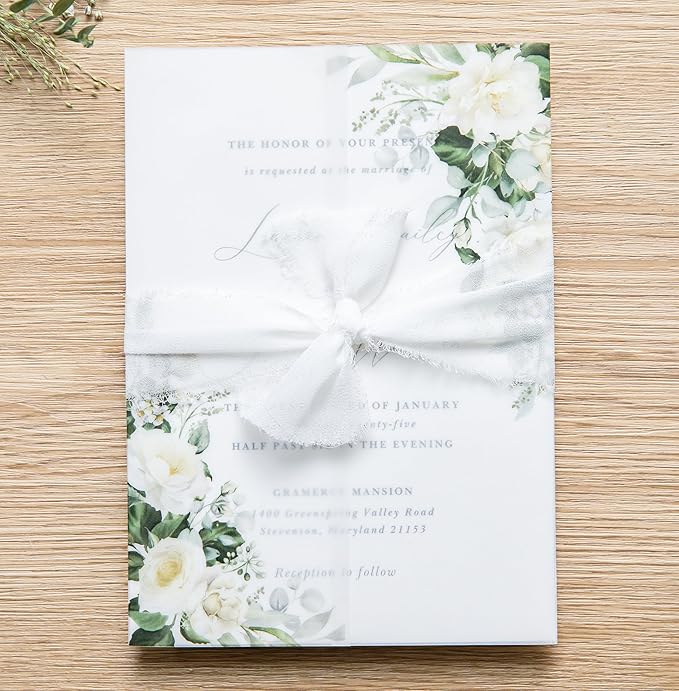 PONATIA 50 PCS Vellum Jackets for 5x7 Invitations- 135gsm White Floral Printed - Image 7