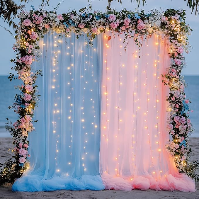 Fomcet Tulle Curtains with Lights String Pink and Blue 10FT X 10FT Sheer - Image 7