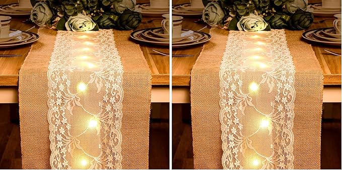 Burlap Table Runner with LED String Lights Rustic 12" x 108" Christmas by Tegeme