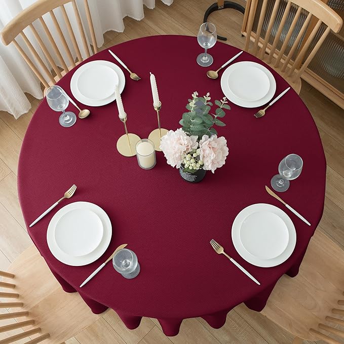 Biscaynebay Textured Fabric Christmas Round Table Cloth 90", Burgundy Water - Image 7