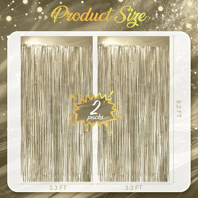 2 Pack Metallic Champagne Gold Fringe Backdrop, 3.2x8.2ft Shining Foil Tinsel - Image 4