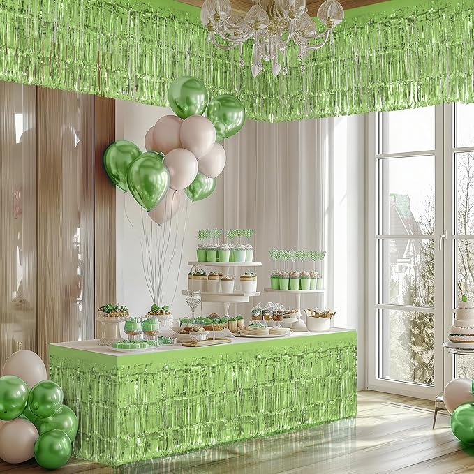 4 Pack Light Green Table Skirts, 29x108" Metallic Foil Tinsel Fringe Table - Image 7