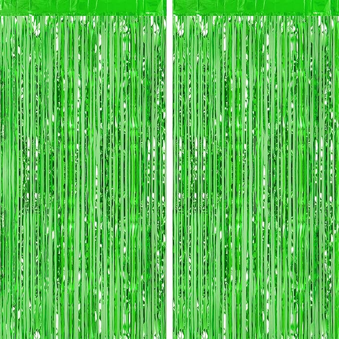CHRORINE 2pcs 3ft x 8.3ft Green Tinsel Foil Fringe Curtains Streamers Backdrop by CHRORINE