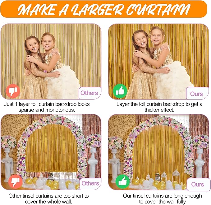 Crosize 3 Pack 3.3 x 9.9 ft Gold Foil Fringe Glitter Curtains Party Decorations - Image 4