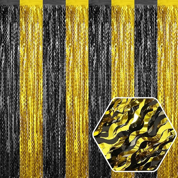4 Pack Black Gold Wave Foil Fringe Curtain Backdrop, 3.28Ft x 8.2Ft Metallic by Ferwzsr