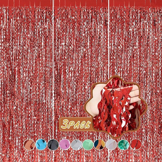 3 Pack Red Aluminium Foil Curtains, 3.3ft x 6.6ft, Wavy Shape, by CYLMFC