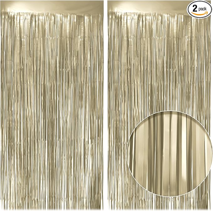 2 Pack Metallic Champagne Gold Fringe Backdrop, 3.2x8.2ft Shining Foil Tinsel by Unknown
