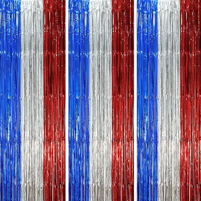 3 Pack 3.3 x 8.2 ft Blue Red Silver Foil Fringe Backdrop Curtains, Tinsel by Voircoloria