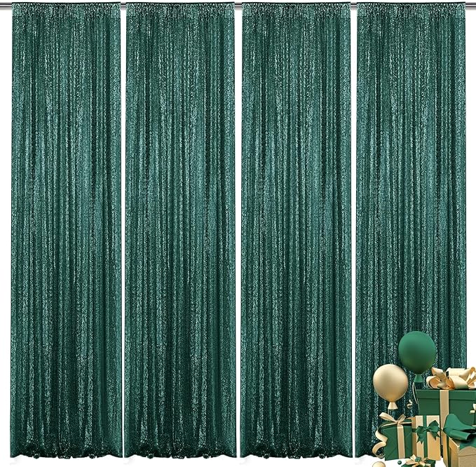Dark Green Sequin Backdrop Curtain 4 Pieces 2FTx8FT Glitter Photography Backdrop by Unknown