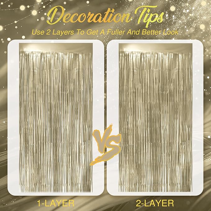 2 Pack Metallic Champagne Gold Fringe Backdrop, 3.2x8.2ft Shining Foil Tinsel - Image 7