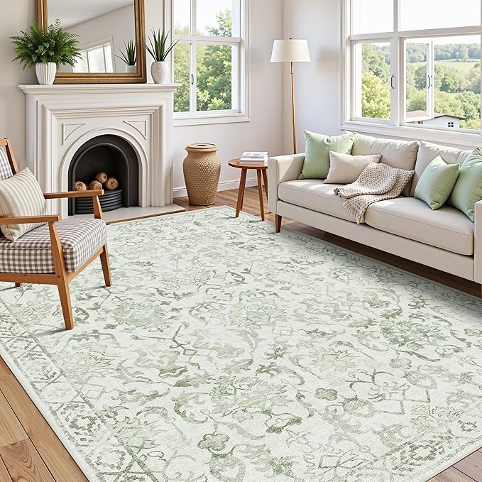 Deerly Sage Rugs 8x10 for Living Room Soft Non-Slip, Large Vintage Area Rug by Deerly