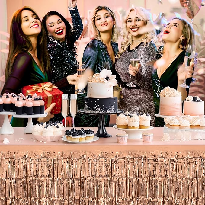 2 Pack Rose Gold Table Skirts, 29x108" Metallic Foil Tinsel Fringe Table Skirts - Image 6