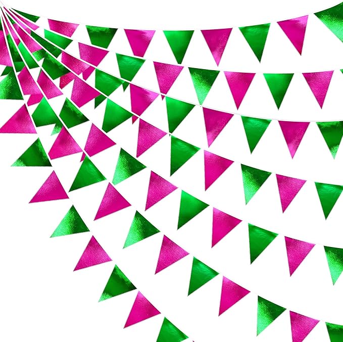 Pink and Green Party Decorations Metallic Hot Pink Light Green Fabric Triangle by pinkblume